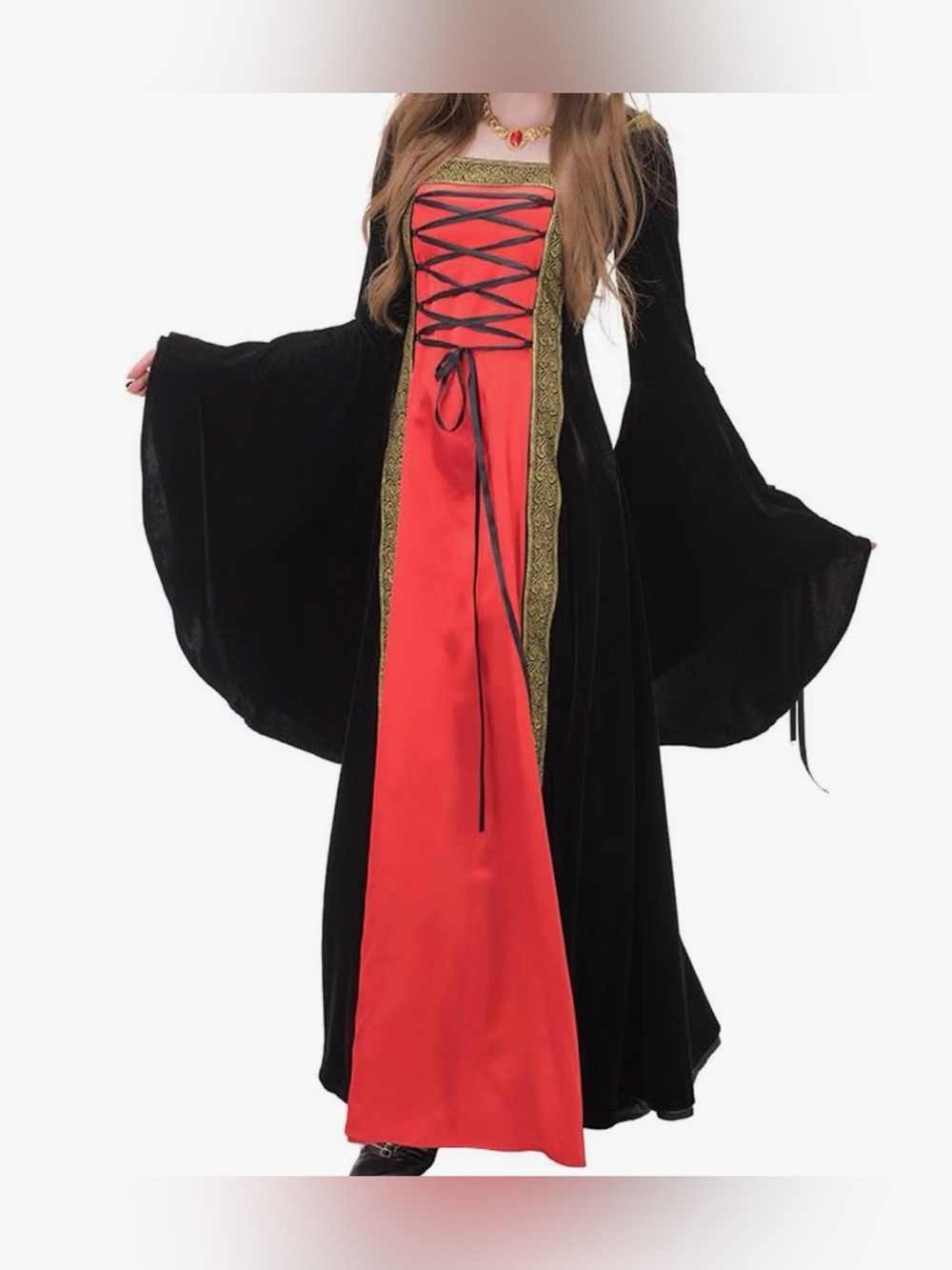 Medieval-Inspired Black Velvet Dress with Orange Lace-Up Front